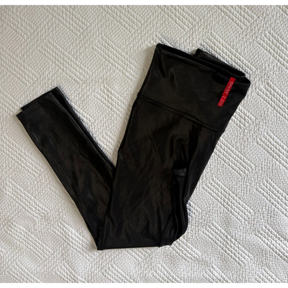 Black Spanx Faux Leather Leggings High Rise Waist and Textured Sheen Petite Med
